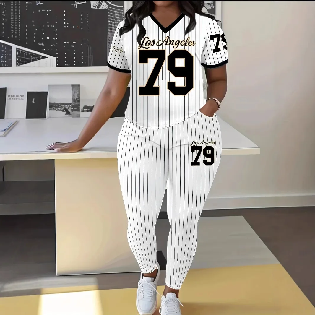 Modny Drukowany Top + Spodnie Dwuczęściowe Komplety Damskie Letnie Casualowe Joggersy Koszula z Dekoltem w Serek Legginsy Garnitur Dla Kobiet 2025