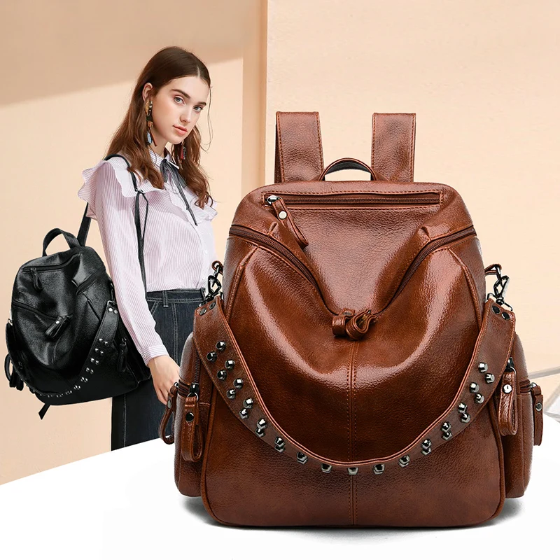 

Luxury Designer High Quality Soft Leather Ladies Backpack Ladies Anti-theft Rivet Backpack Fashion Women Bag Bolsa Feminina
