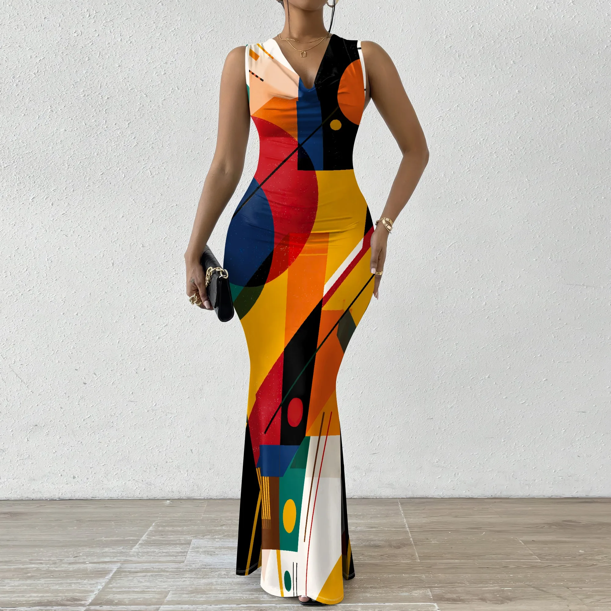 

Colorful Geometric Maxi Dress XS-2XL Drape Neck Sleeveless Bodycon Style for Art Gallery, Fashion Show or Cultural Event