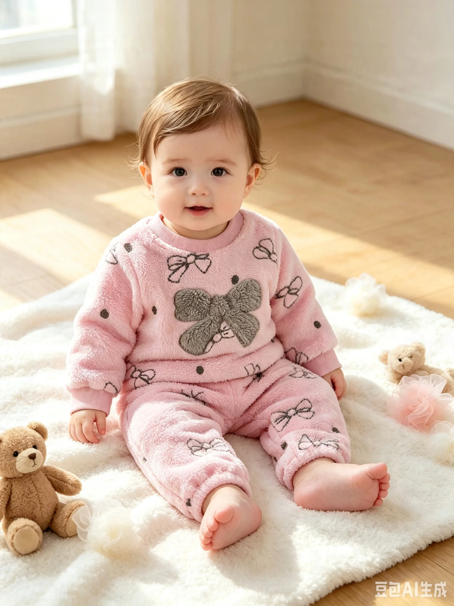 Baby Girl Casual Bow-Tie Print round Neck Long Sleeve Top And Long Pants 2-Piece Set Autumn Winter Clothing