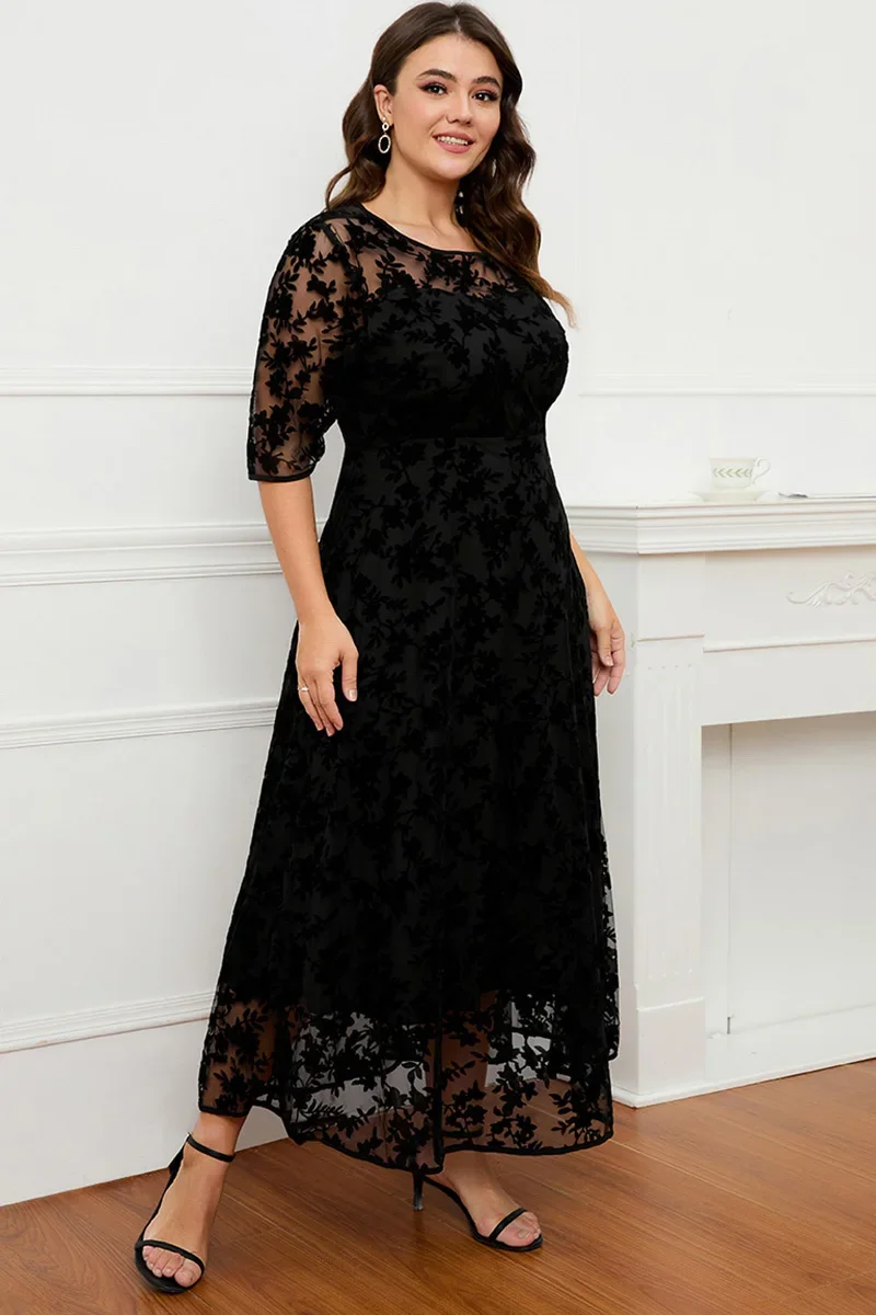 Plus Size Short Sleeve Maxi Dress Women Black Lace Flocking Mesh Velvet Double Layer Long Formal Dress Elegant Party Dress