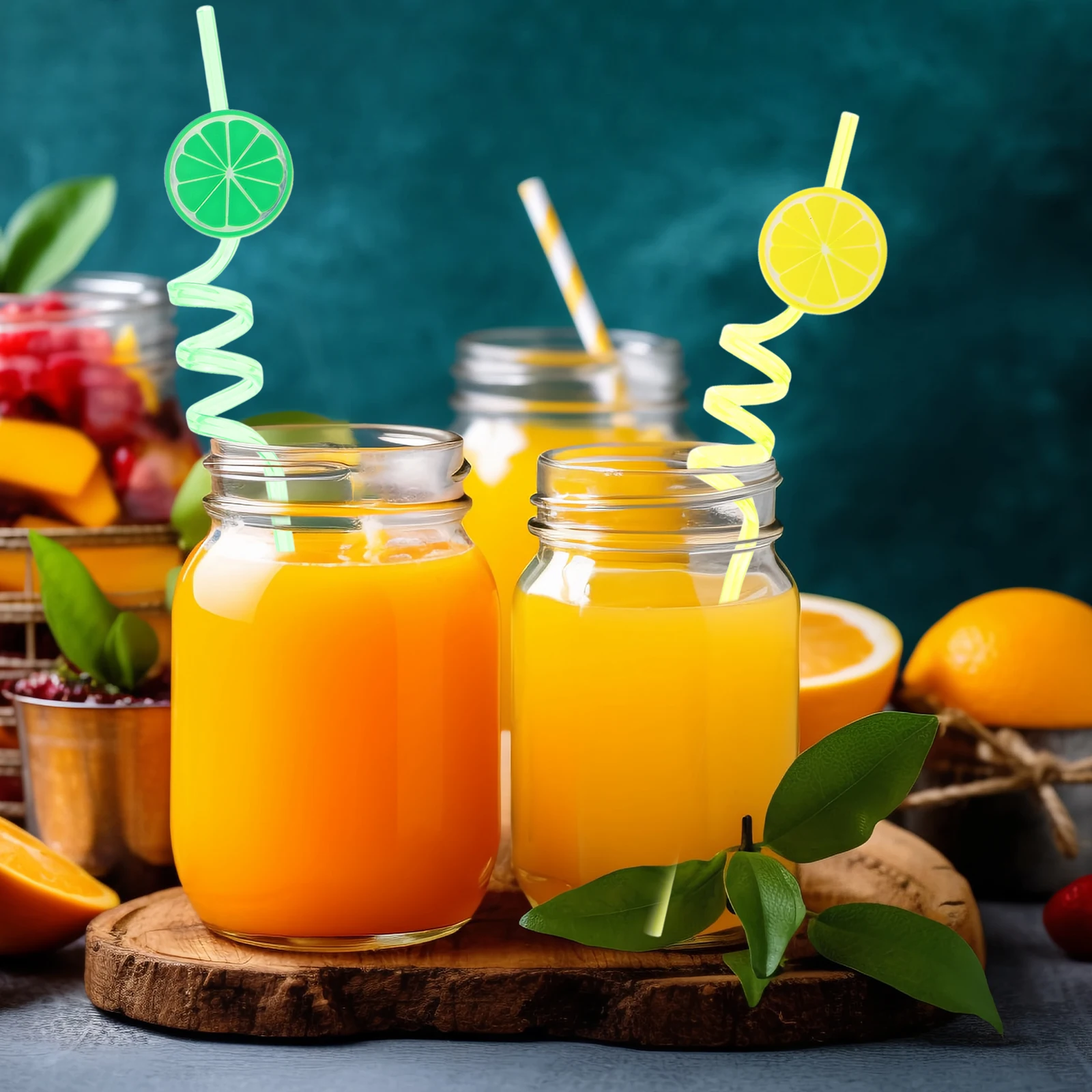 

4Pcs Fruit Themed Reusable Straws Swirly Curly Design Birthday Party Supplies Smooth Safe Drinking Accessories