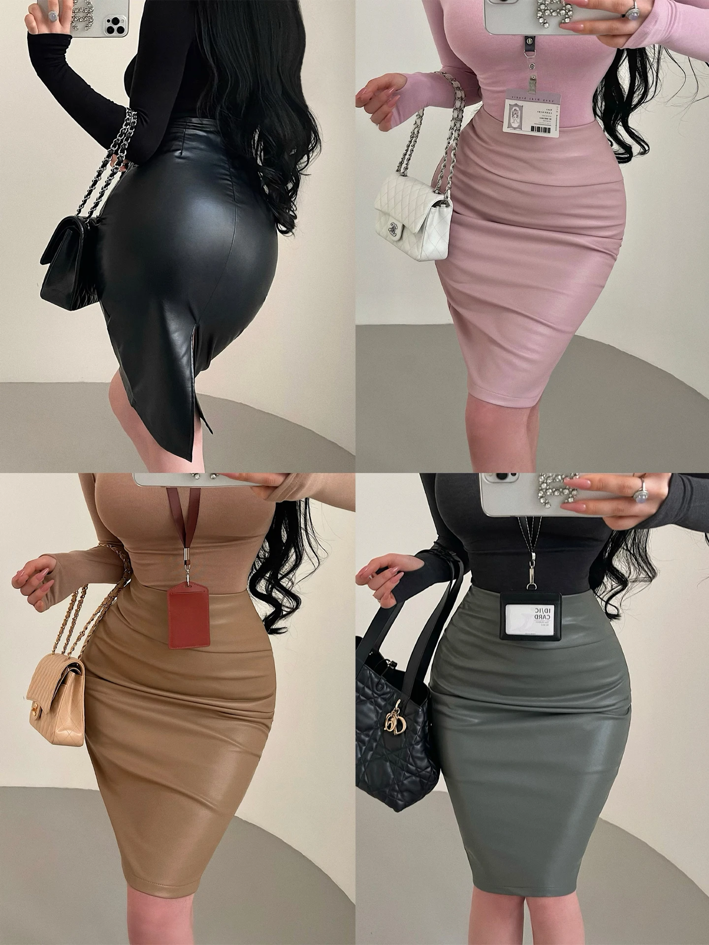 High Waist PU Leather Skirt Sexy Bodycon Midi Skirt Korean Style Pure Desire Four Seasons Wearable Folded Back Split Half-len...