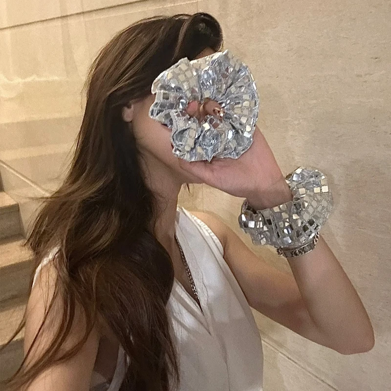 y2k Scrunchies Metall Silber Gitter Mittelgroße Haargummi Süßes einfaches elastisches Haarband Damen Haarschmuck Tägliche Kopfbedeckung