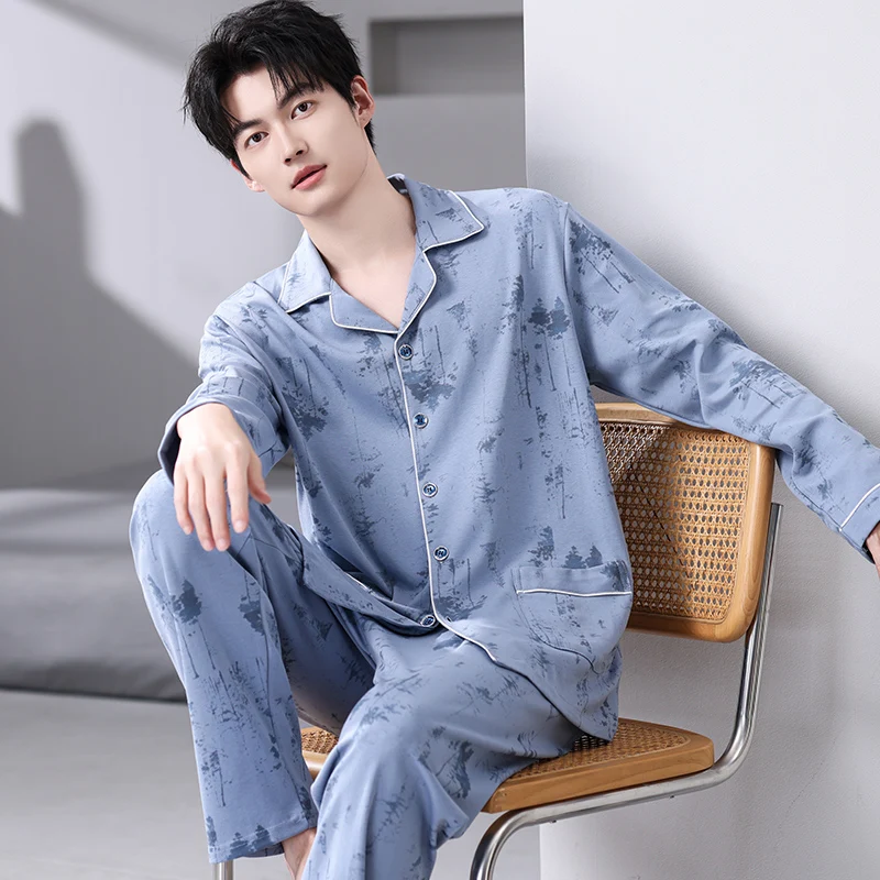 Pajamas Set Male Cotton Fashion Print Men Long Sleeve Long Pants Cardigan Sleepwear Suit Spring Autumn Home Clothes Lounge Gifts