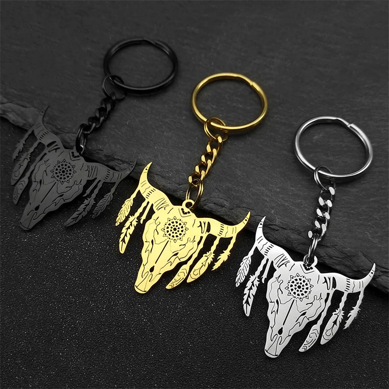 

Bohemia Bull Sheep Head Feather Keychain For Women Men Stainless Steel Gold Silver Black Color Flower Keyholder Jewelry
