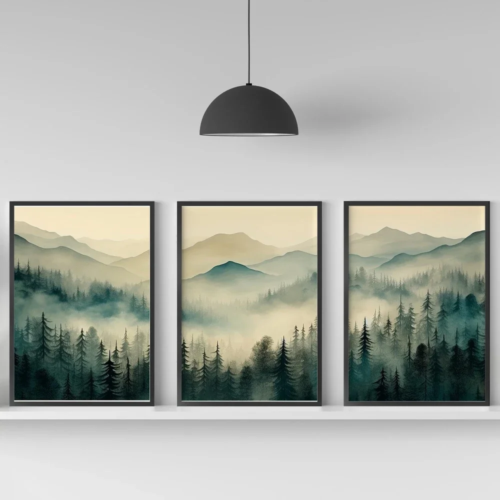 Large-sized frameless 3pcs  Sage Green Mountain 3 Piece Wall Art Decor Watercolor Mountain Landscape Abstract Nature Print Mo