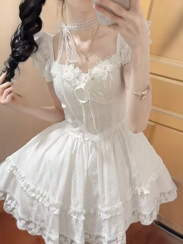 Fairycore Sweet Lolita Mini Dress Women Lace Trim Bowknot Puff Sleeve Ruffle Tiered Skirt High Waist Princess Cute Daily Wear