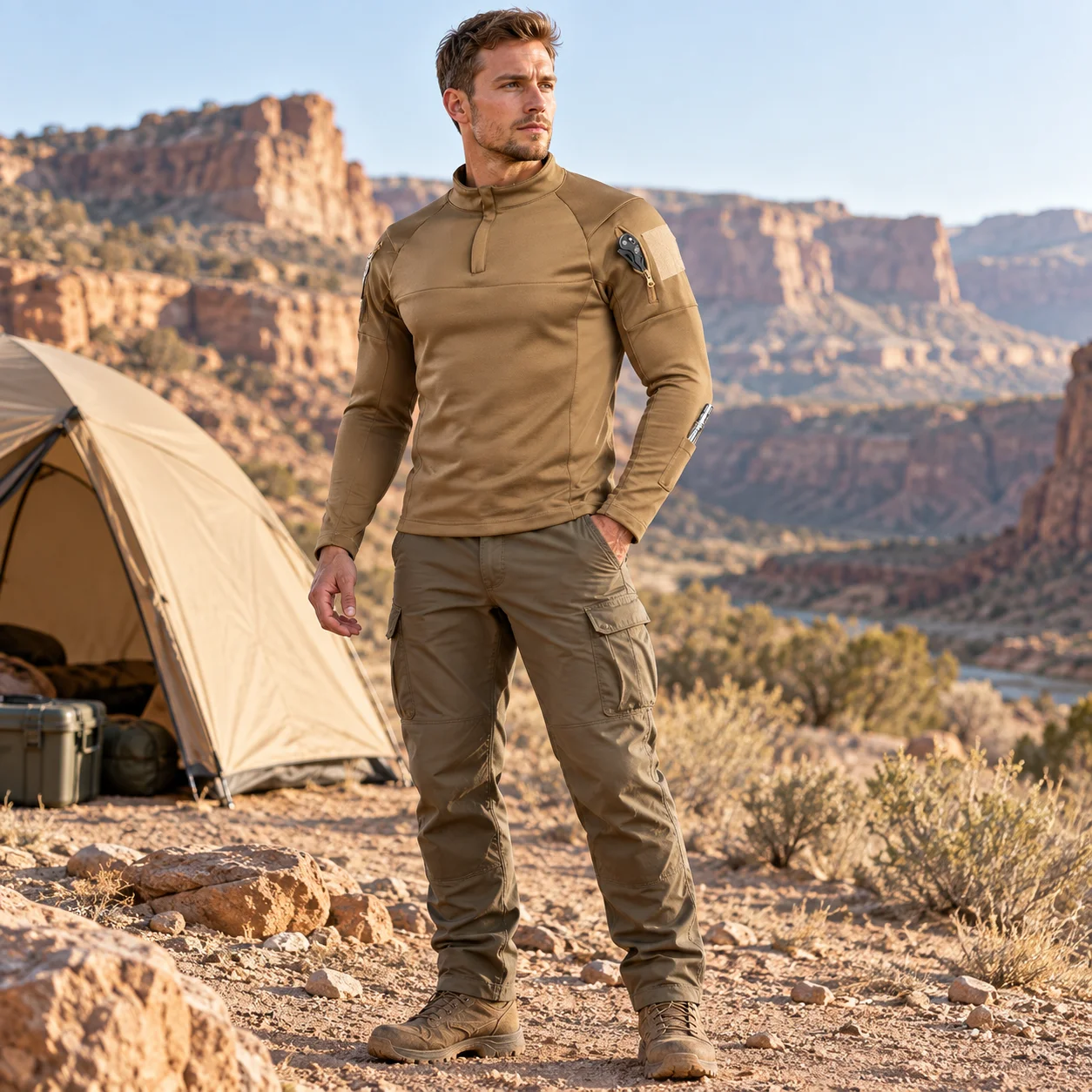Men's Tactical Combat Shirt Quick Dry Military Long Sleeve Shirt with Arm Pockets for Outdoor Hiking Airsoft Hunting EU Size