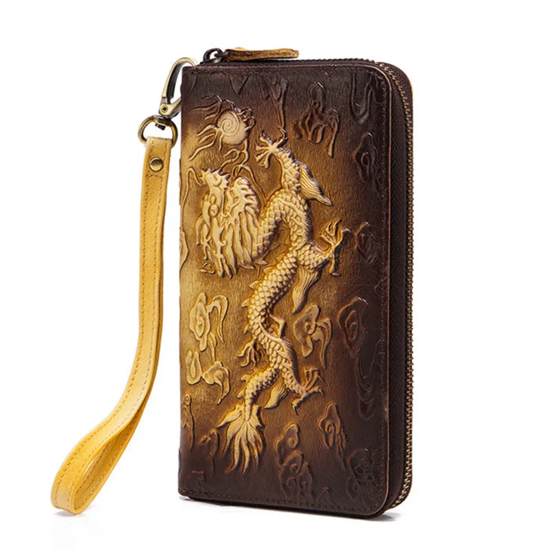 

Retro hand-polished dragon-tiger pattern leather mobile phone wallet men's grab bag first layer cowhide long multi-card position