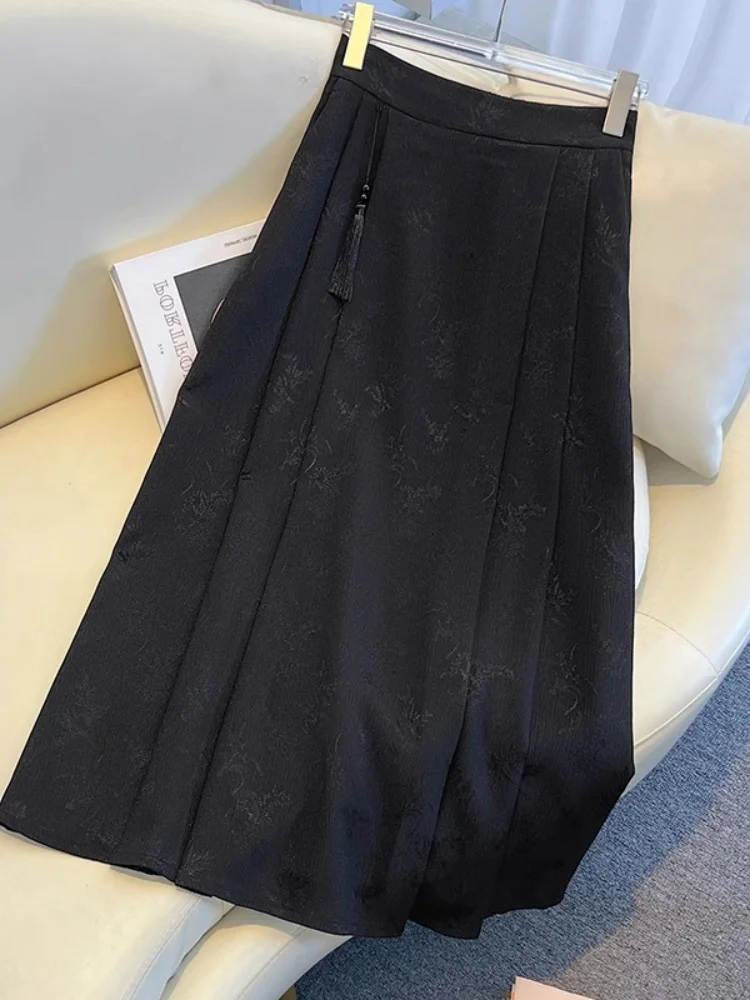 

Pink Floral Embroidery A-Line Midi Skirt Women's New Chinese Sle f-length Spring Summer Autumn High-waisted Pleated Skirt