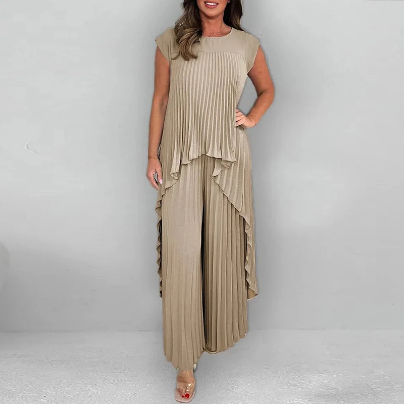 Fashion O Neck Irregular Long Top & Wide Leg Pant Sets Woman Spring Solid Pleated 2pcs Suit Sexy Sleeveless Loose Summer Outfits