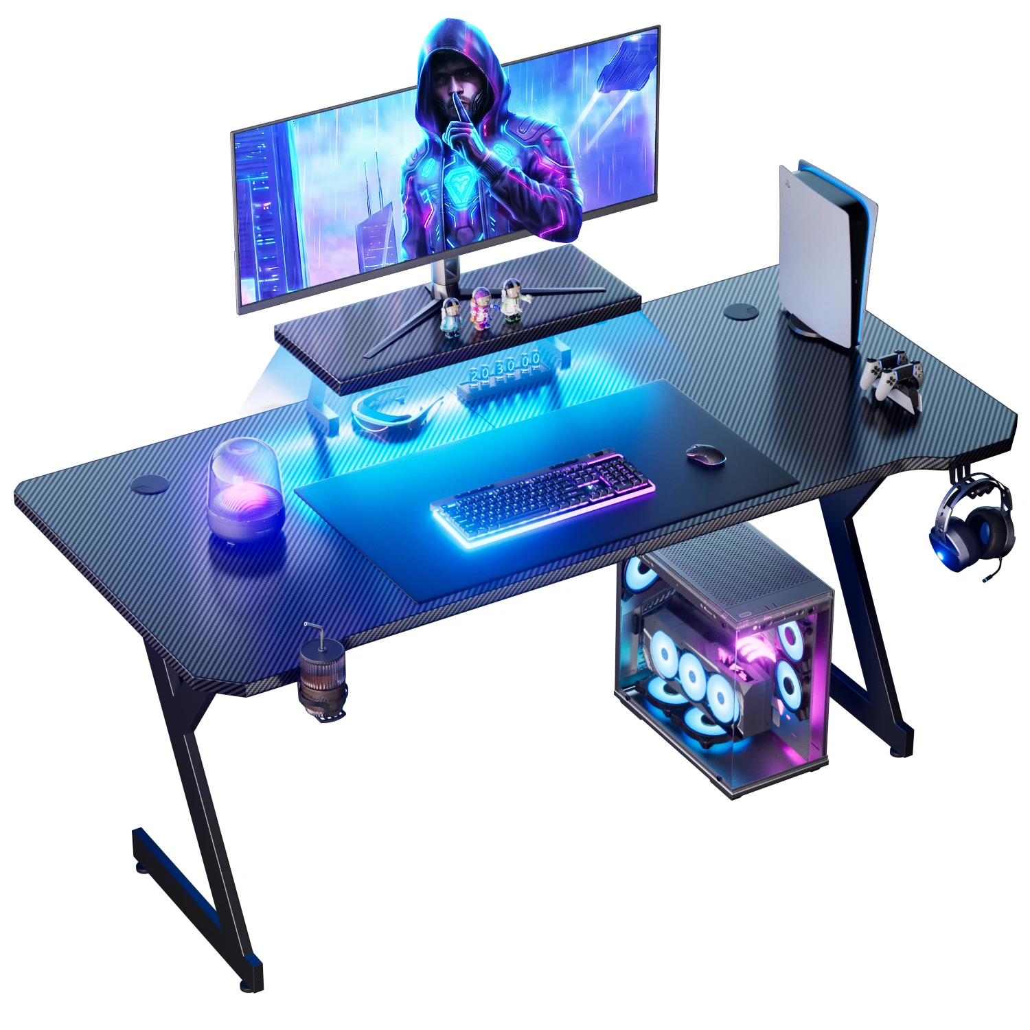 FRODROVIA Ergonomic Gaming Desk with Elevated Monitor Riser Stand & Built-in LED Light Strip, Large Curved Carbon Fiber Surface Computer Desk, Gaming Workstation with Cup Holder & Headphone Hook for Gaming Streaming Home Office