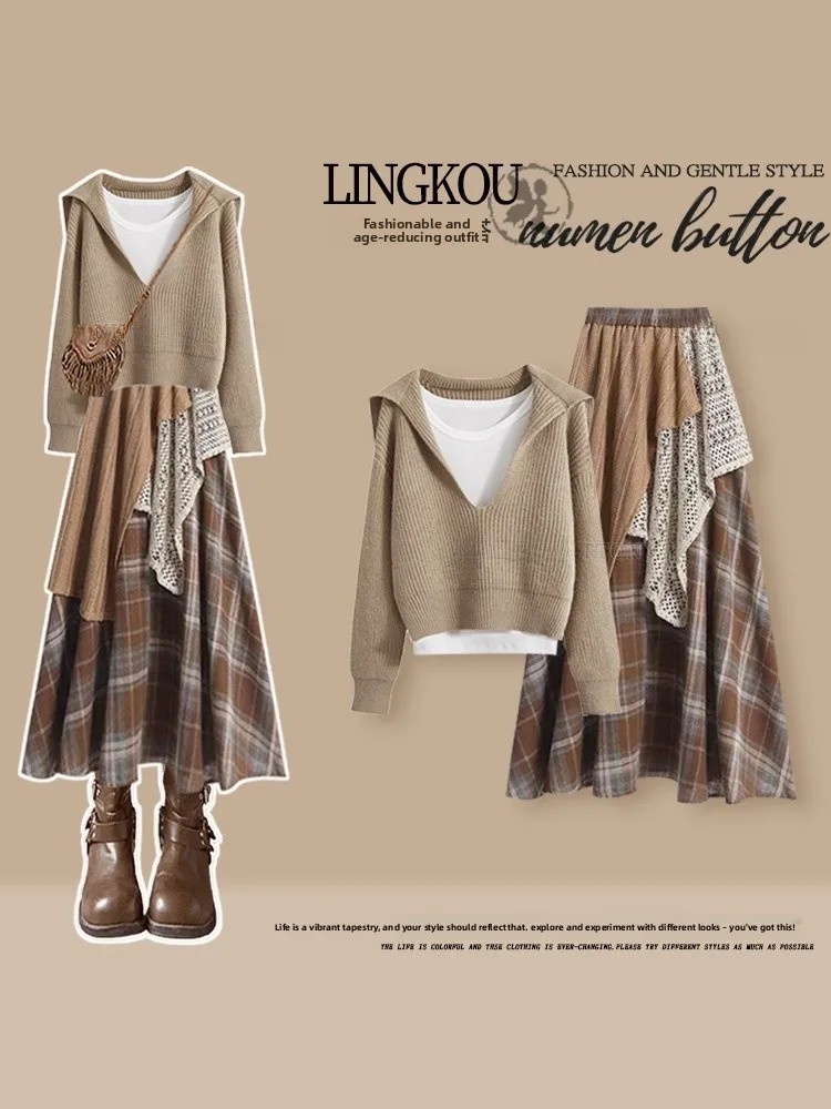 

Large Size Autumnal Mermaid Themed Three-Piece Set for Women Vintage Anti-Aging Long Sleeve Top And Vest with Patchwork ...