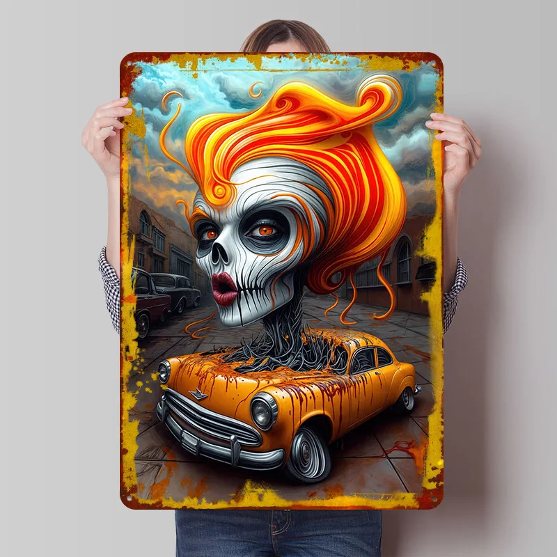 Skull Woman and : The Soul of the Machine Car Tinplate Poster Custom Wall Art Vintage Metal Signs Retro Tin Plaque for Man Cave
