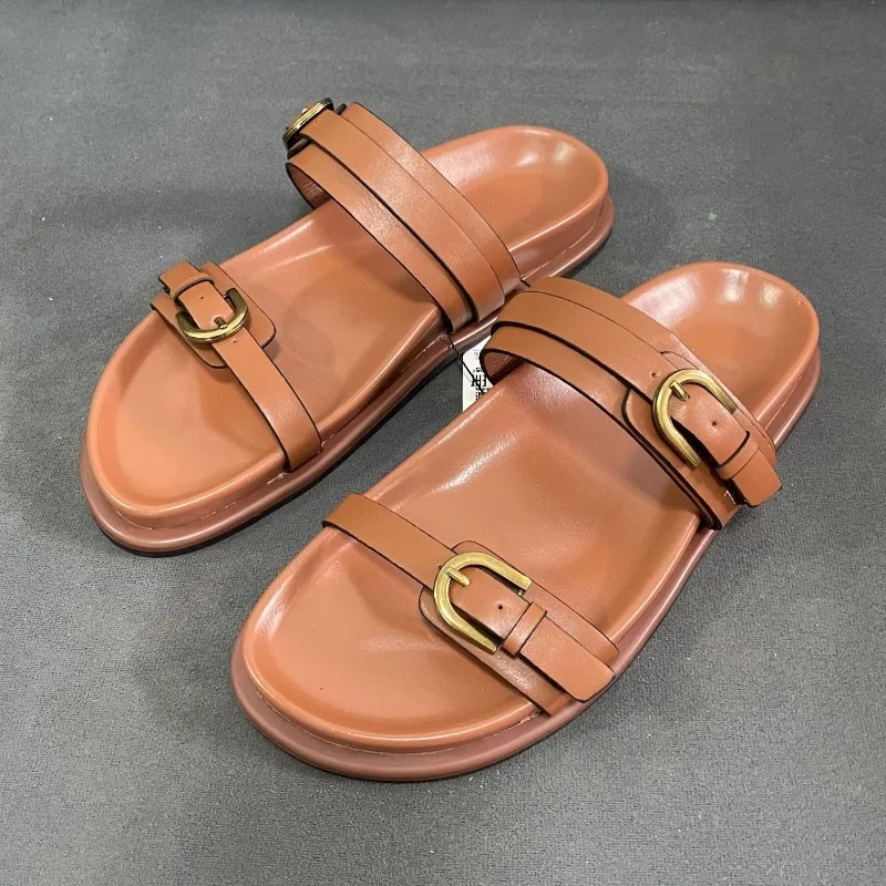 Retro Design Women's Flat Sandals Fashion Metal Buckle 2024 Summer Beach Shoes for Lady Soft PU Leather Thick Bottom Footwear