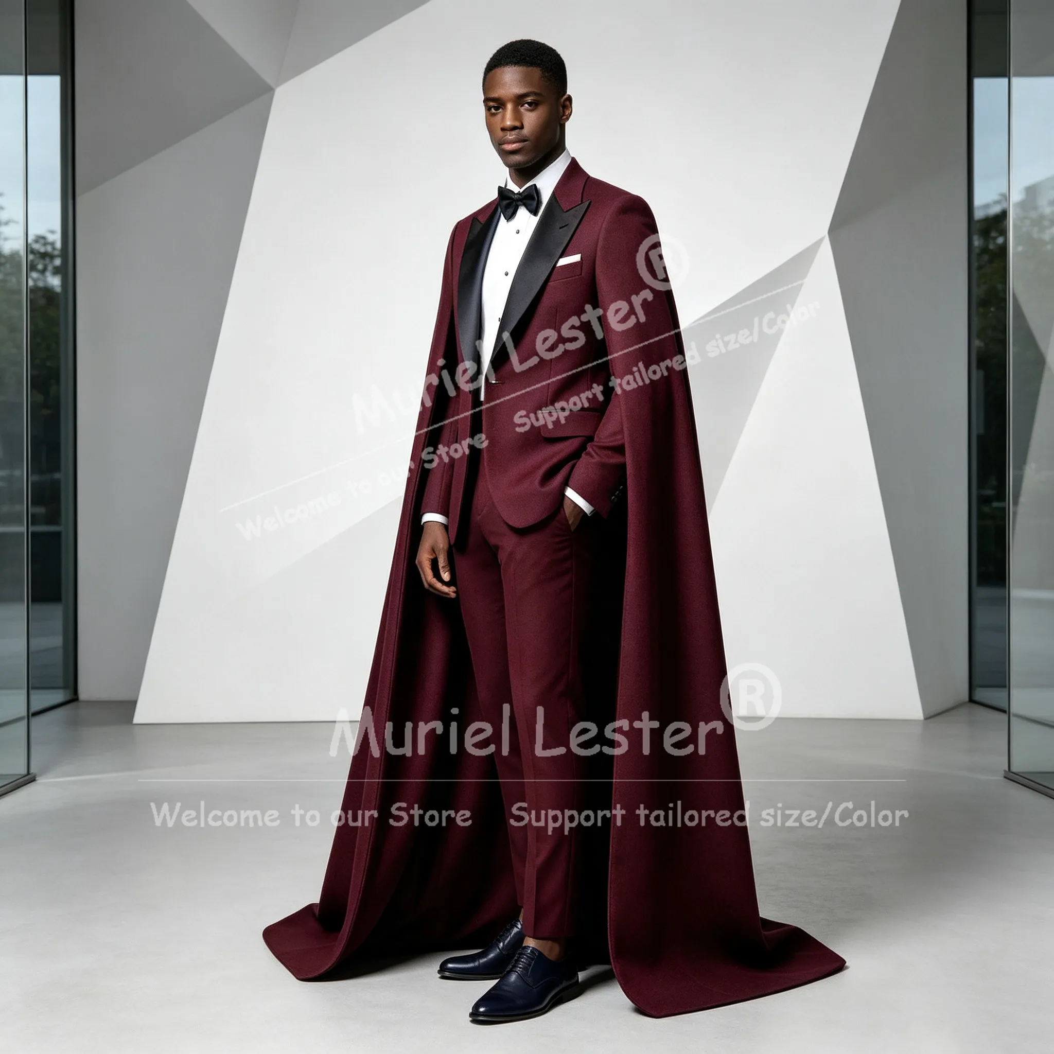 Unique Design Wedding Suit For Man Black Peaked Lapel Prom Blazer With Cape Long Customized 2 Pieces Sets Groom Wedding Tuxedos