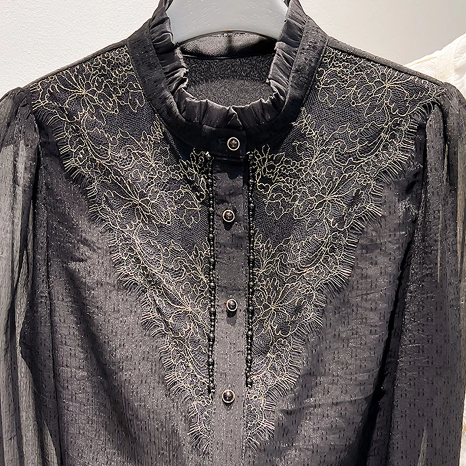 

Luxury Style Beaded Gold Thread Embroidery Shirts and Blouses For Women Bright Silk Single Breasted Long Sleeved Chiffon Top