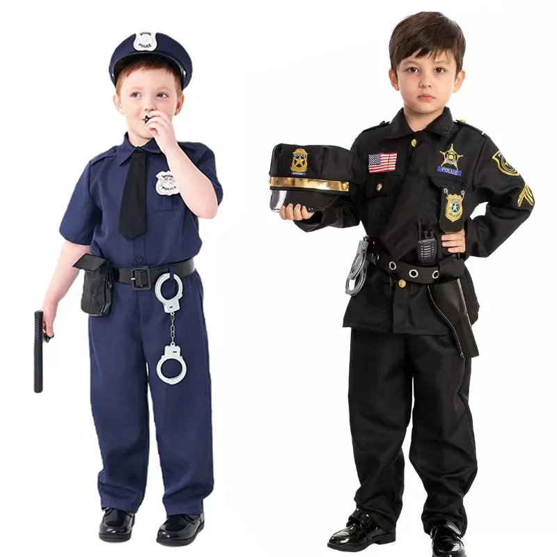 Child Policeman Cosplay Costume Boys Girls Kid Police Uniform Army Policemen Clothing Halloween Role Play Party Fancy Dress