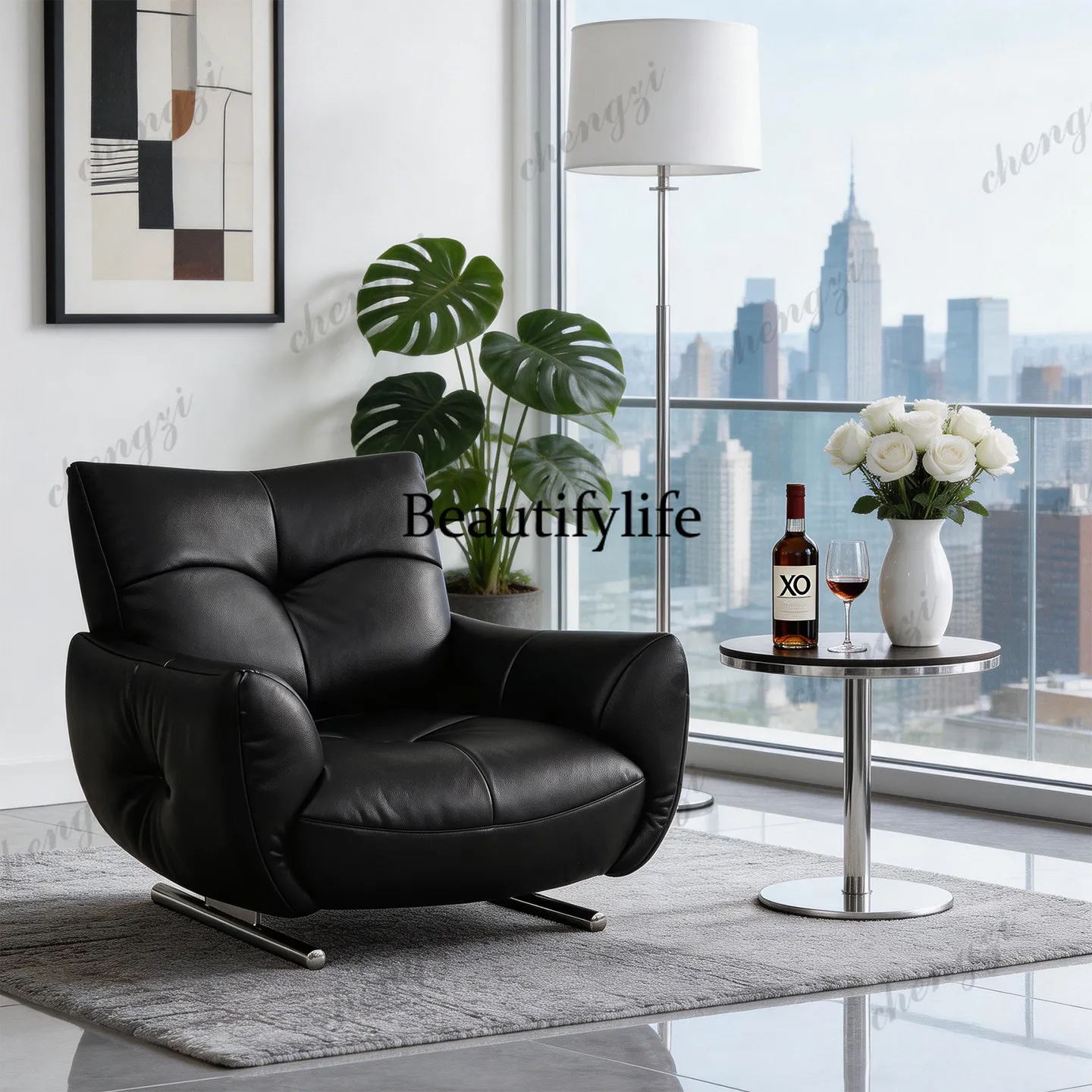 Simple light luxury leather single sofa living room balcony leisure chair top layer cowhide lazy chair sofa