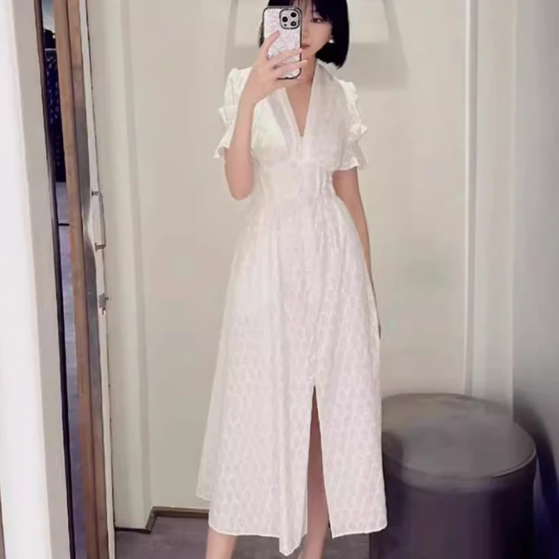 

2024 off the shelves women white hollow embroidery maxi dress evening party V-neck cotton ladies robe