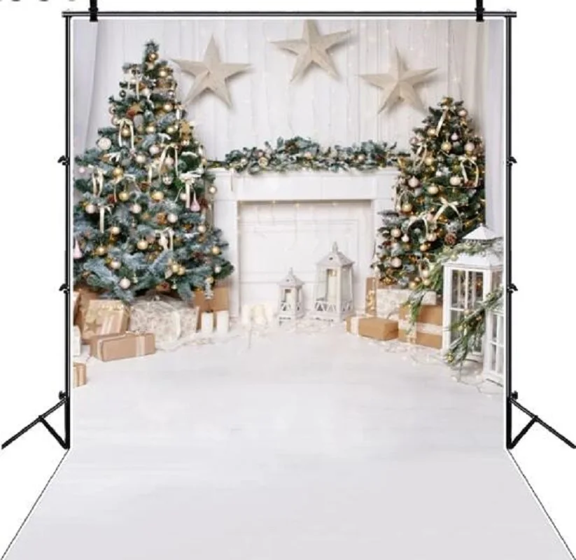 Gray Photography Backdrop Winter Christmas Candle Tree Festival Fireplace Floor Poster Family Shoot Celebration Kid Background