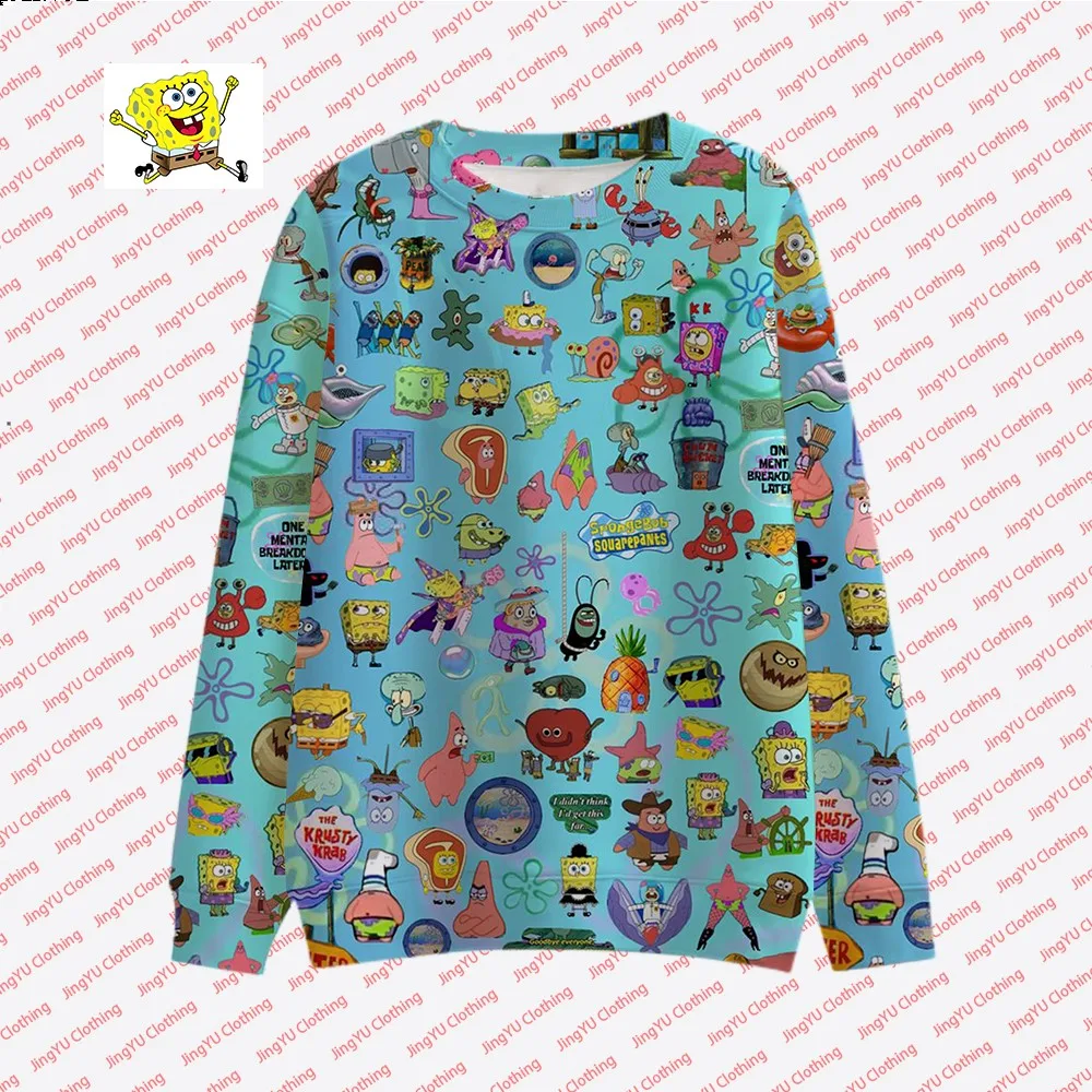 2023 Autumn New Harajuku Street Fashion Casual Tops Round Neck Pullover Children\'s Cute Spongebob Animation Printed Pullover