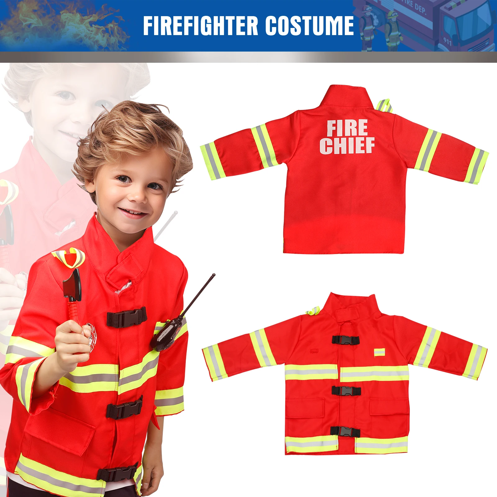 Kids Fireman Costume Firefighter Dress-Up Toy Set for Children Boys and Girls Fire Chief Pretend Role Play with Accessories