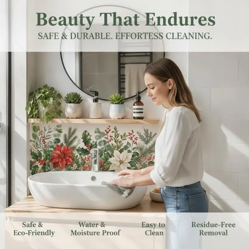 Self-Adhesive Floral Sink Area Wall Sticker Waterproof Scratch Resistant for Bathroom Home Wall Decoration DIY Use