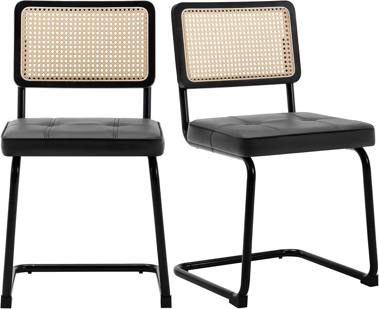 Rattan Dining Chairs Set of 2, Mid Century Modern PU Leather Dining Room Kitchen Chairs with Cane Back, Metal Chrome Legs