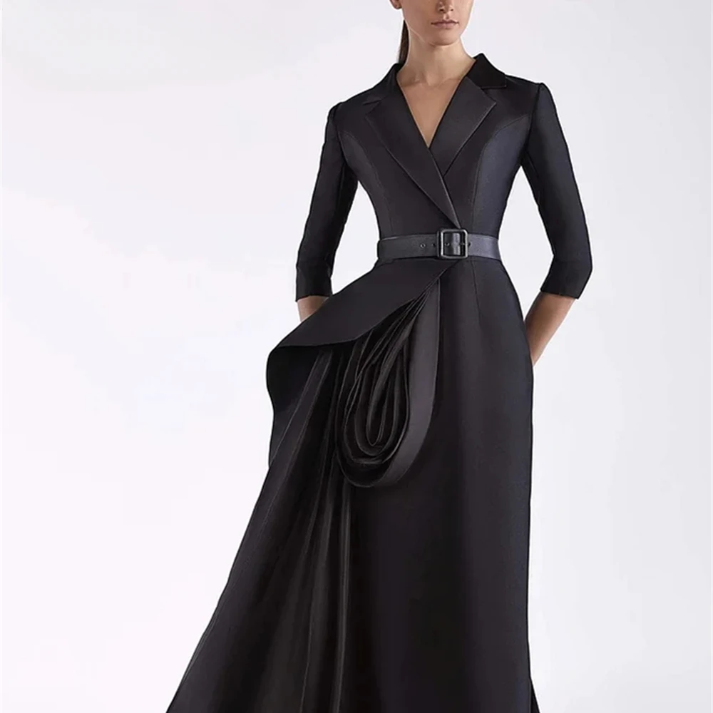 SILIWEYA Black Suit Formal Dress Elegant Women A-line Floor Length Belt Sleeves Satin Evening Gown Party Dresses Plus Size Chic