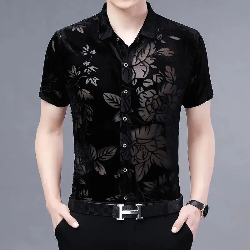 NewTurn Down Collar Cotton Men Shirts Long Sleeve Buttons Shirt Men Solid Color Sexy Lace See Through Clubwear Down Shirt2025