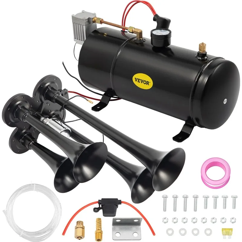 

VEVOR 150DB Train Horns Kit for Trucks Super Loud with 120 PSI 12V Air Compressor 4 Trumpet Air Horn Compressor Tank (Black)