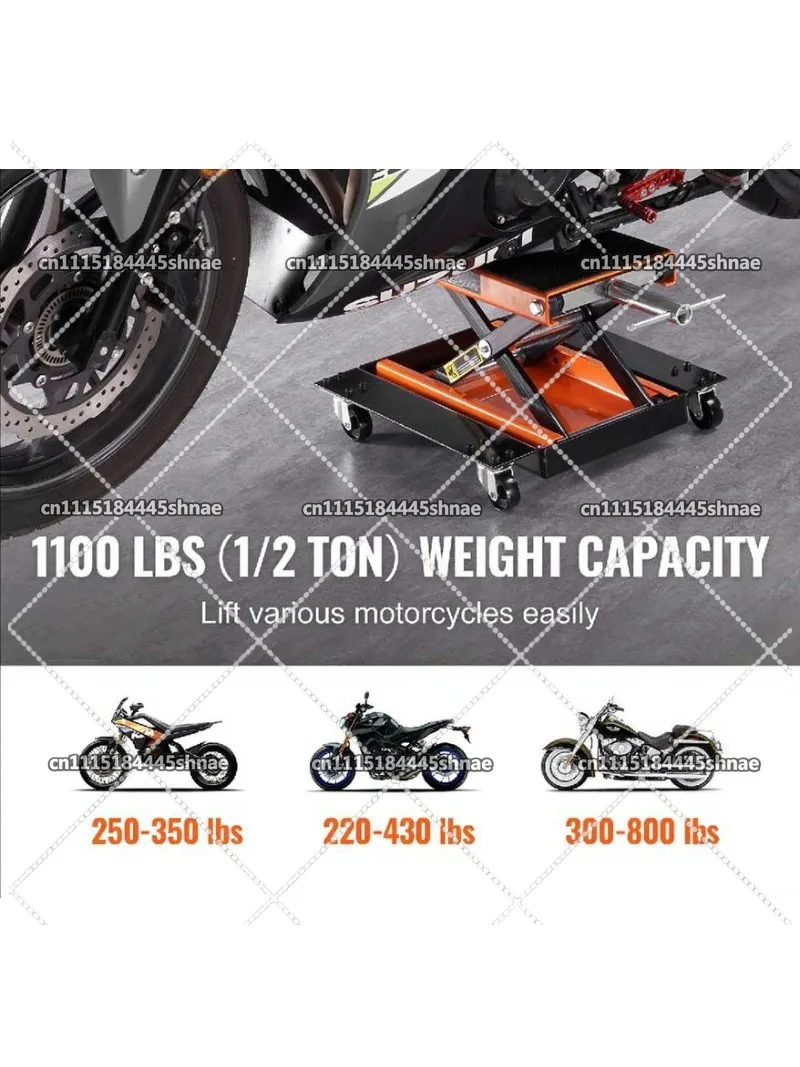 1100LBS Motorcycle Scissor Lift Jack, ATV Center Hoist Stand with Dolly & Wide Deck for Garage & Shop