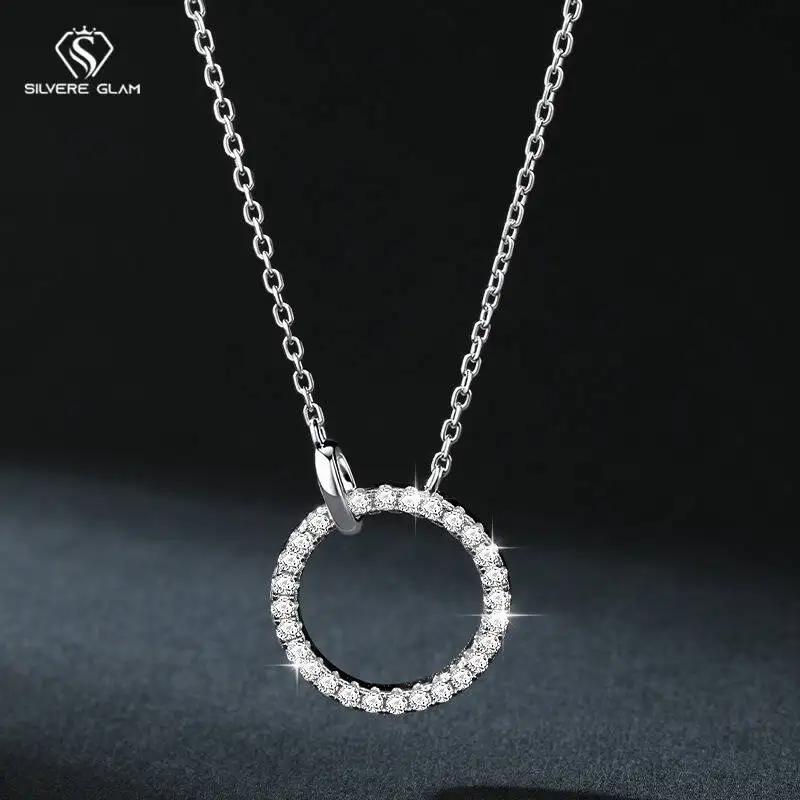 

SG S925 Pure Silver Round Double Buckle High-end Light Luxury Simple 2 Carat Moissanite Necklace Full Diamond Collarbone Chain