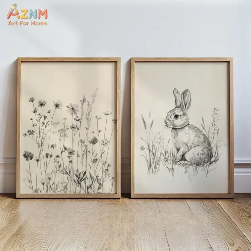 AZNM Vintage Sketch Rabbit Lamb Wildflower Easter Frameless Canvas Print, Farm Animal Botanical Wall Art Poster