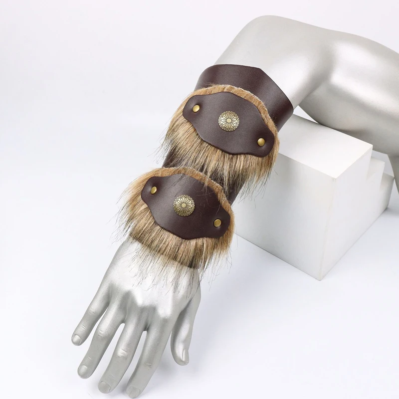 1 Pcs Medieval Steampunk Fur Wristband PU Leather Arm Armor Guards Viking Knight Gauntlet Bracers Renaissance Cosplay Props