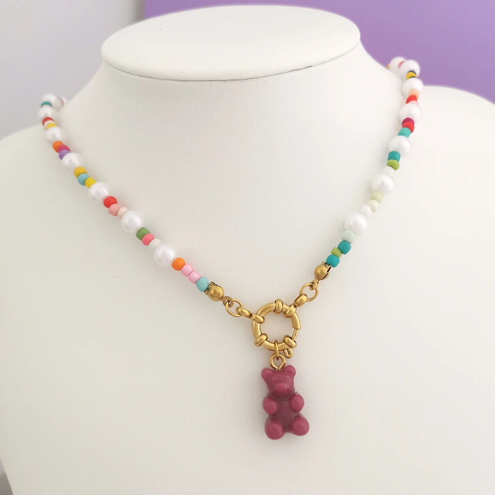 Damen-Halskette Boho Candy Bear Charm Perlen Regenbogen-Choker Imitationsperlen Edelstahl Federverschluss DIY Großhandel Perlen – Detail 7