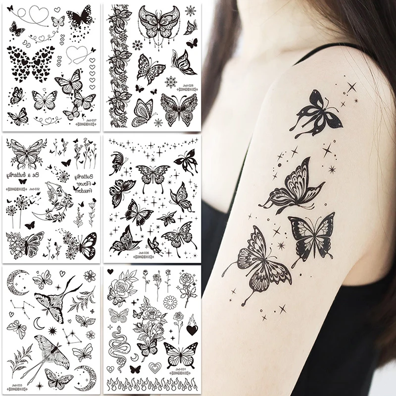 Waterproof Temporary Tattoo Stickers Black Butterfly Transfer Flash Tattoo Women Sexy Neck Hand Chest Body Art Fake Tattoos