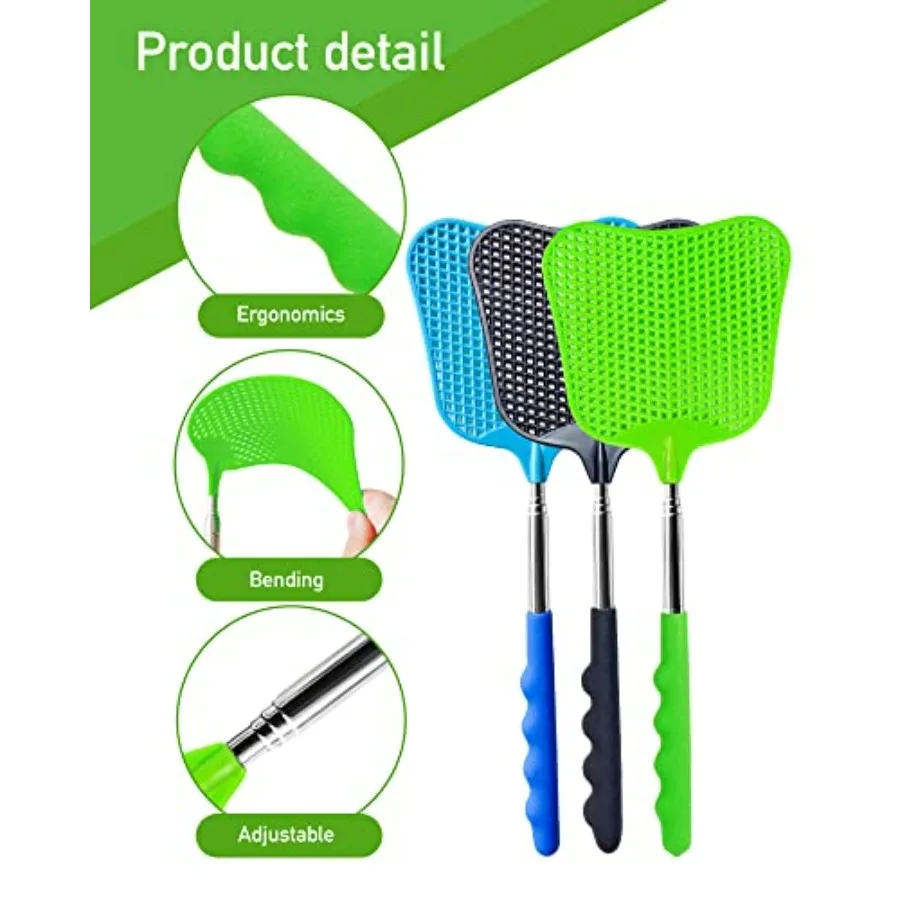 3 pcs Fly Swatter, Fly Swatters Plastic Telescopic, Large Bug Swatter that Work for Indoor and Outdoor