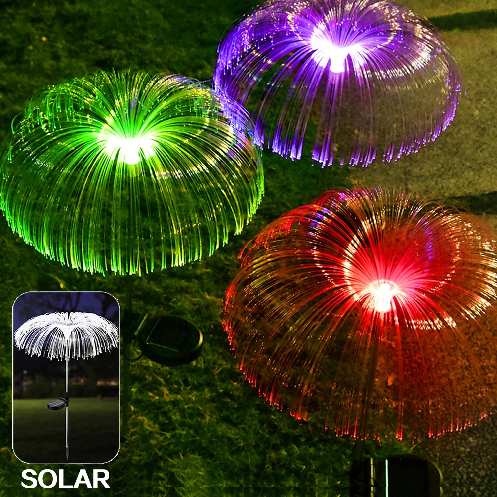 RGB Solar Garden Jellyfish Lights Outdoor Solar Yard Flower Optical Fiber Decor Light for Patio Pathway Lawn Holiday Christmas