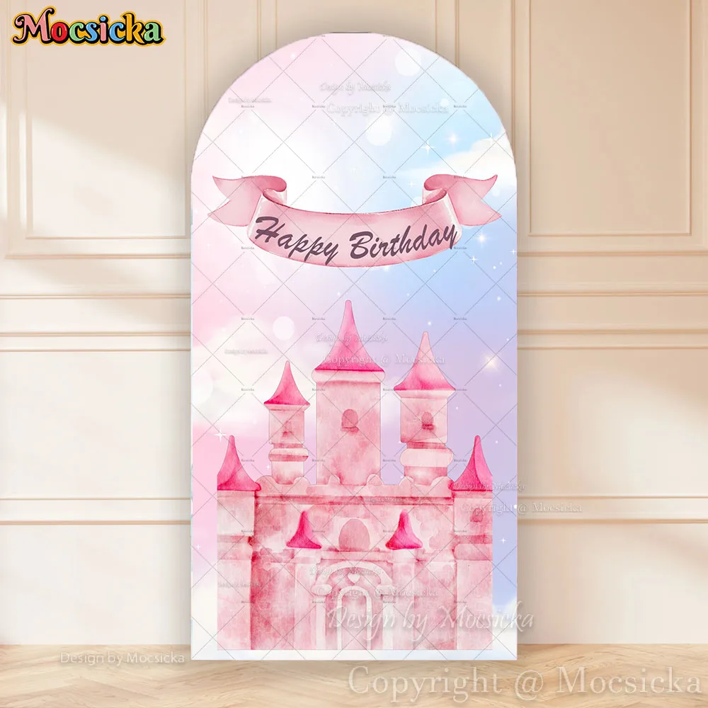Mocsicka Girl 1st Birthday Arch Backdrop Cover Pink Glitter Castle Ribbon Background Newborn Baby Photo Custom Photobooth Studio