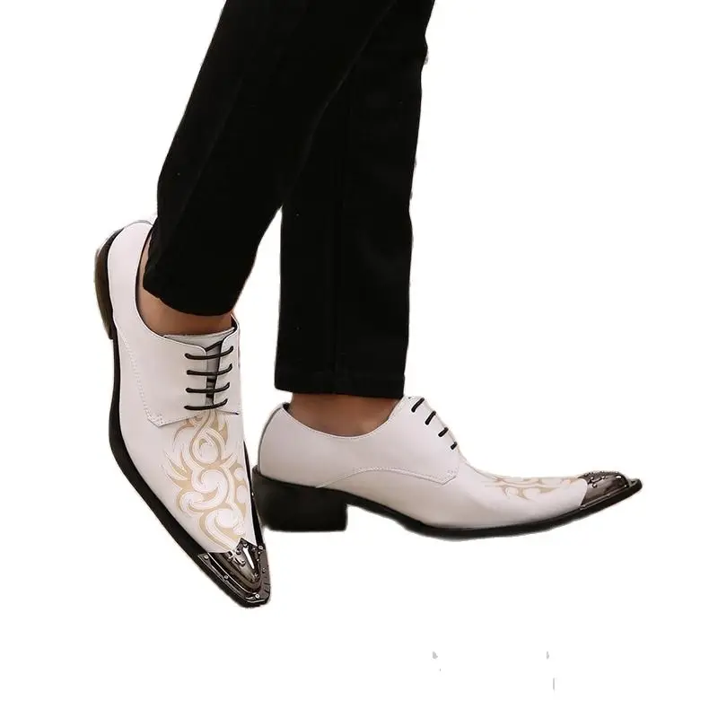 

White Height Increase Genuine Leather Men Shoes High Heel Wedding Shoes Luxury Metal Design Pointed Toe Leisure Party Dress Shoe