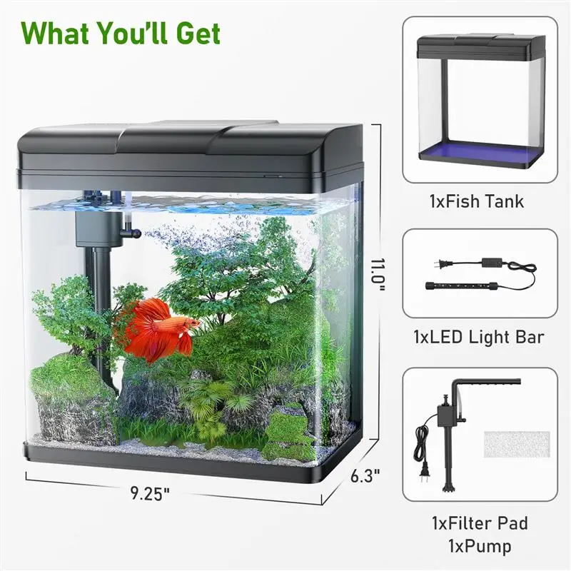 Fish Tank 1.7 Gallon Glass Aquarium With Air Pump LED Light Filter Small Fish Tank For Betta Fish Starter Kit Aquarium Fish Tank