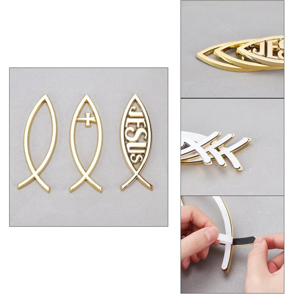 3 Styles Gold Stickers Christ Fish and Cross Self-Adhesive Metal Optic Decal Badge Emblem for Laptops Luggage Refrigerator