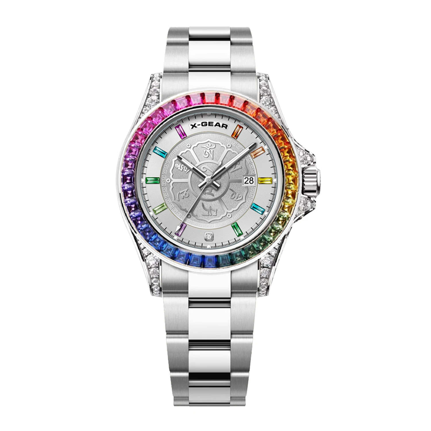X-GEAR Rainbow bezel Fashion Colored Diamond High-quality Men's Quartz Watch  Big Three Hands Luminescent Waterproof