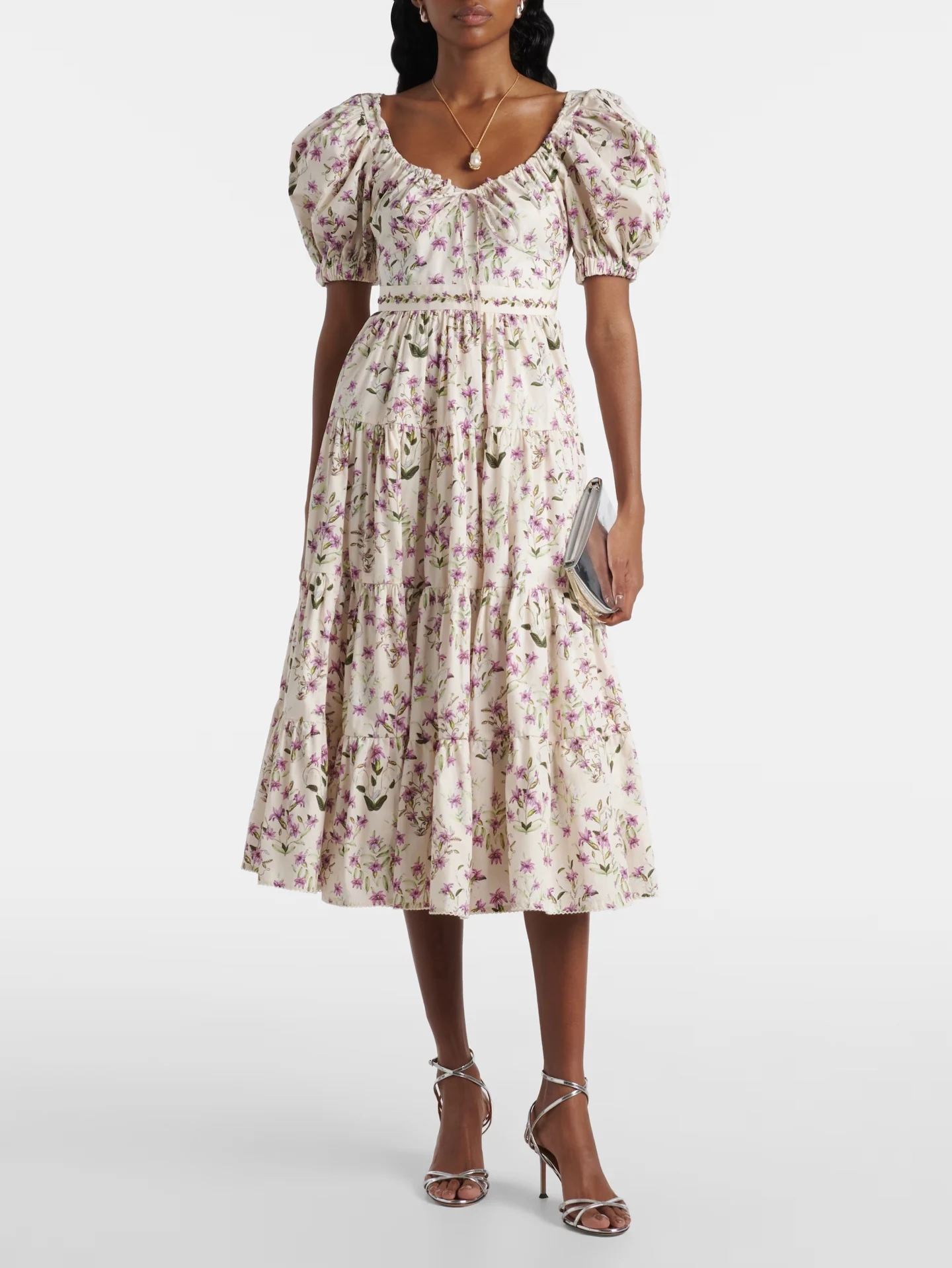 Women 100% Cotton Flower Print Puff Short Sleeve Waist Embroidery Flower and Beaded Side Pocket Multi-Layered Hem Long Dress