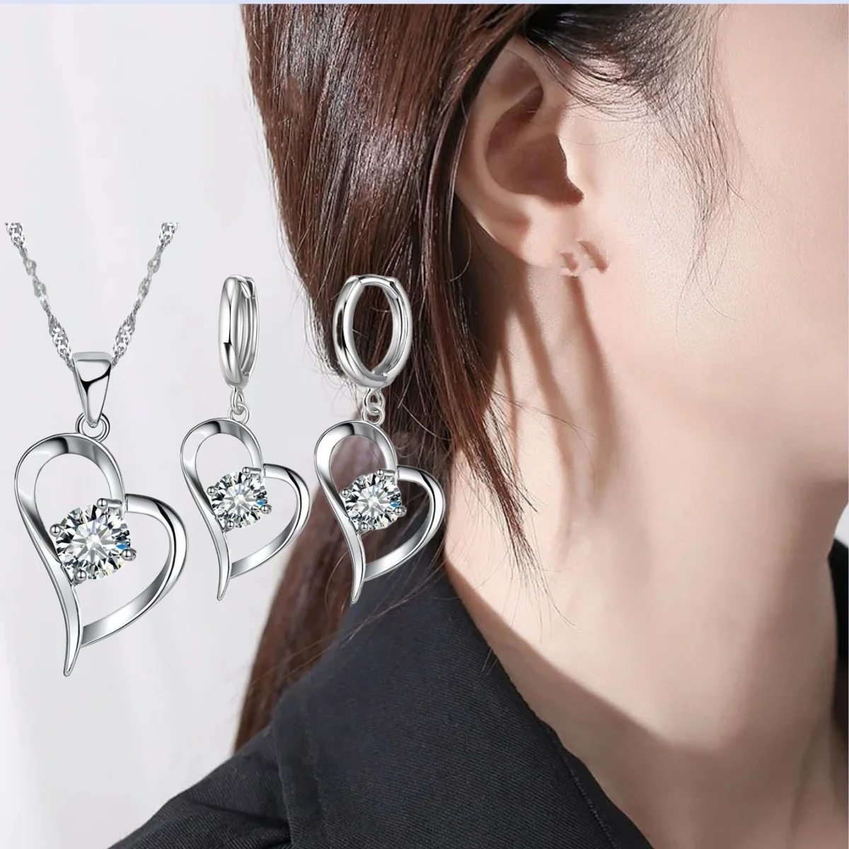 

Romantic 925 Sterling Silver Love Heart Hollow Crystal Zircon Necklace Drop Earrings Set for Women Party Fashion Jewelry Gifts