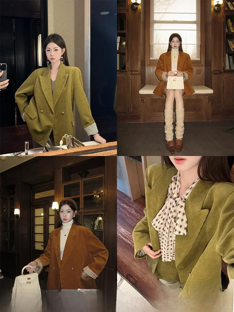

Ele Casual Velvet Suit Jaet Women's Autumn Winter ape Casual irt Dublin Sle One Button Pure Color Long Sve