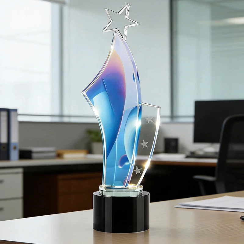 Customized Pentagram Transparent Crystal Trophy, Excellent Company Annual Meeting Award Souvenirs, Lettering Color Printing, 1Pc